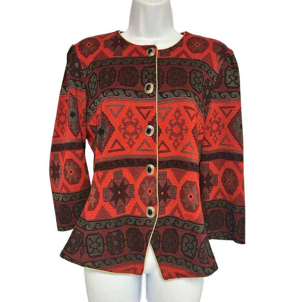 VTG 80's Tina Barrie Women's 10 Red Geometric Gold & Black Buttons Blazer Jacket